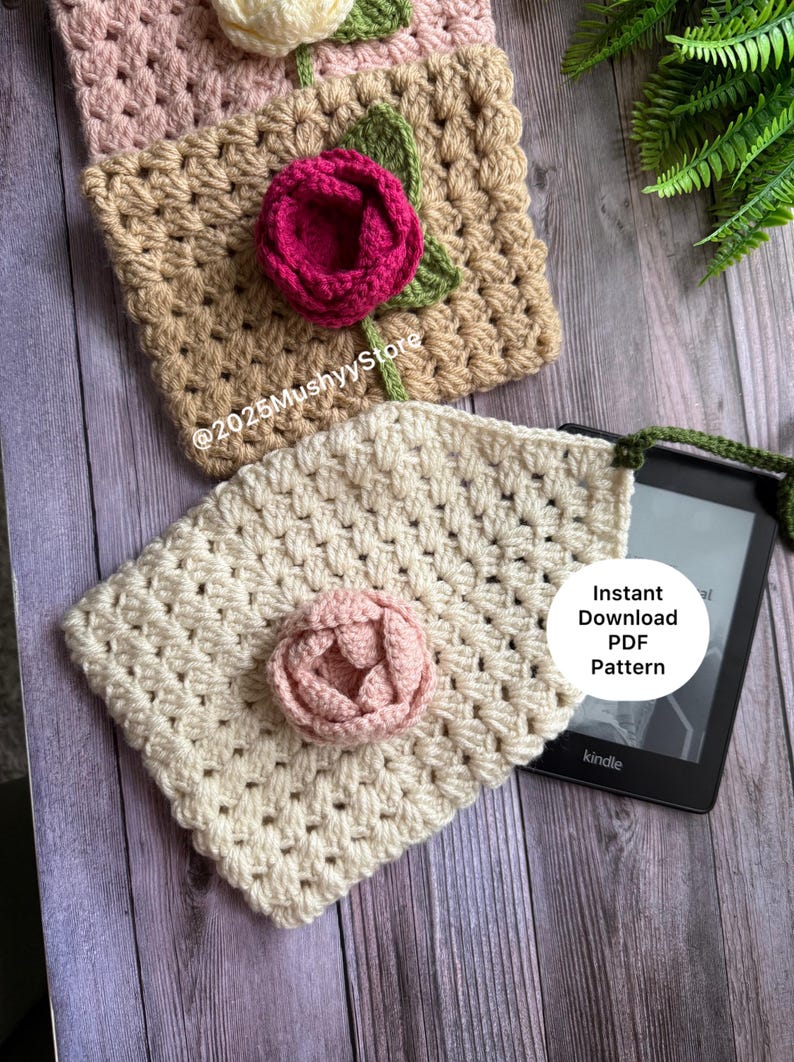 Crochet Rose Blossom Book Cover Pattern: Floral Tablet Kindle Sleeve (PDF Pattern) image 2