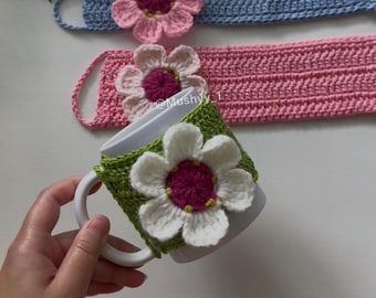 Cherry Blossom Flower  Crochet  Mug Cozy Pattern By Mushyy