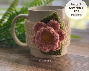 Crochet Rose Mug Cozy Pattern: Floral Cup Sleeve (Instant Download PDF)