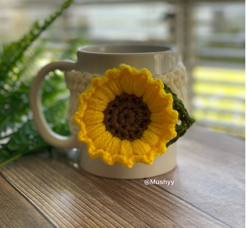 Crochet Sunflower With A Leaf Mug Cozy Instant PDF Download for cozy mornings image 2