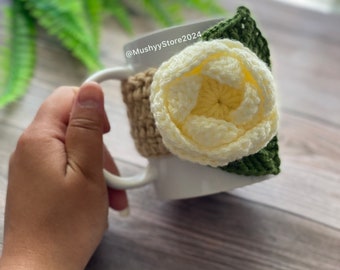 Crochet Blooming Rose (Aran) Mug Cozy, Hand- Crocheted Mug Cozy - Cozy Up Your Mornings With A Touch Of Sunshine