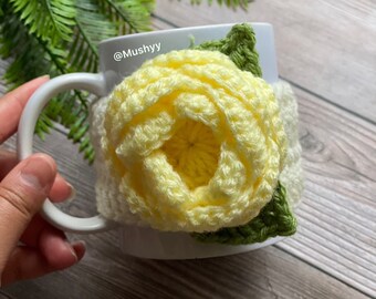 Crochet Blooming Rose (Yellow) Mug Cozy, Hand- Crocheted Mug Cozy - Cozy Up Your Mornings With A Touch Of Sunshine