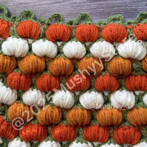 Puede incluir: Primer plano de un artículo de ganchillo hecho a mano con un patrón repetido de calabazas naranjas, blancas y naranja claro sobre un fondo verde. El borde superior tiene un borde verde festoneado. El texto "@2025 Mushyy" es visible.