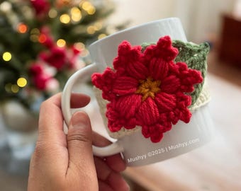 Crochet Snowflake Flower Mug Cozy Pattern: Poinsettia Cup Sleeve (PDF Pattern)