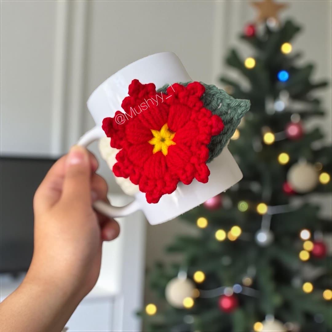 Crochet Snowflake Flower Mug Cozy Pattern: Poinsettia Cup Sleeve