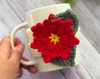 Crochet Poinsettia with Leaves Mug Cozy Pattern By Mushyy -  Instant Download PDF