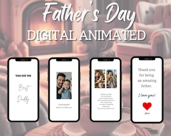 Puede incluir: Cuatro pantallas de teléfono digital con mensajes animados del Día del Padre. La primera pantalla dice "Eres el mejor papá". La segunda pantalla dice "Me siento más feliz cuando estoy contigo". La tercera pantalla dice "Gracias, papá, por todo lo que has hecho por mí. Tu amor incondicional. Me has dado tantos recuerdos maravillosos. Eres el mundo para mí." La cuarta pantalla dice "Gracias por ser un padre increíble. ¡Te amo!" con un corazón rojo y el nombre "Anne".