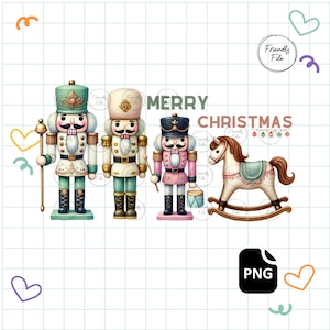 Nötknäppare och gunghäst i julstil i PNG-format: Juldekoration (digital nedladdning)