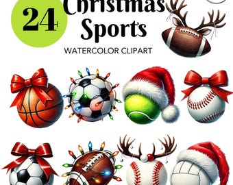 Christmas Sports Balls Clipart: Holiday Soccer, Football, Baseball Decorated with Christmas-themed (PNG Digital Download)