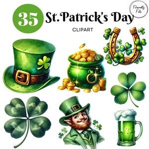 Może przedstawiać: Zestaw 35 obrazów clipart na Dzień Świętego Patryka. Obrazy obejmują zielony kapelusz leprechauna, garnek złota, podkowę, koniczynę czteroliścienną, zielony kufel piwa i leprechauna.