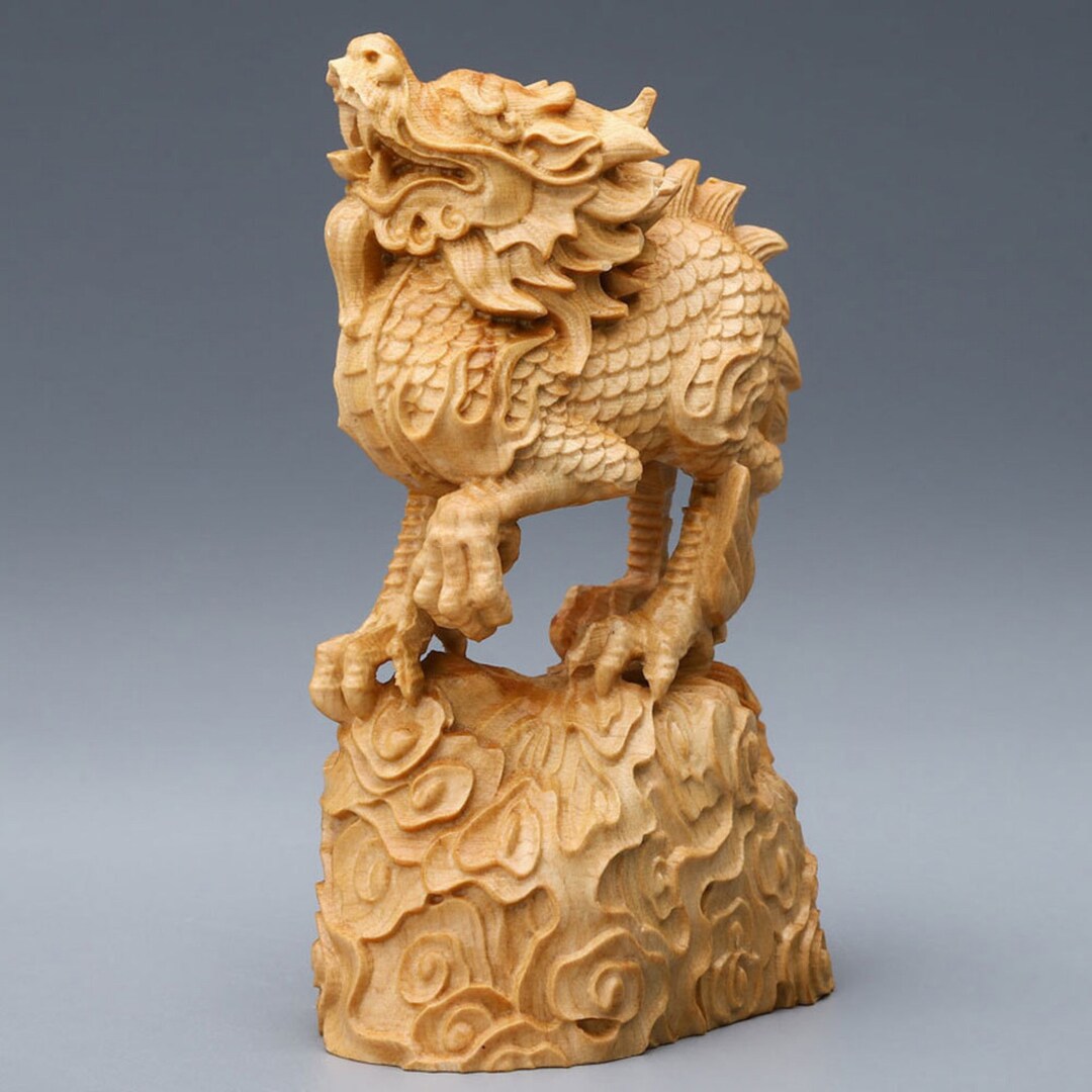 Handcarved Wooden Kirin Mascot Statue Chinese God Beast Figurines Feng