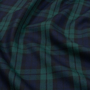 Blackwatch Tartan Fabric, Green & Blue Poly Viscose, 59" Wide
