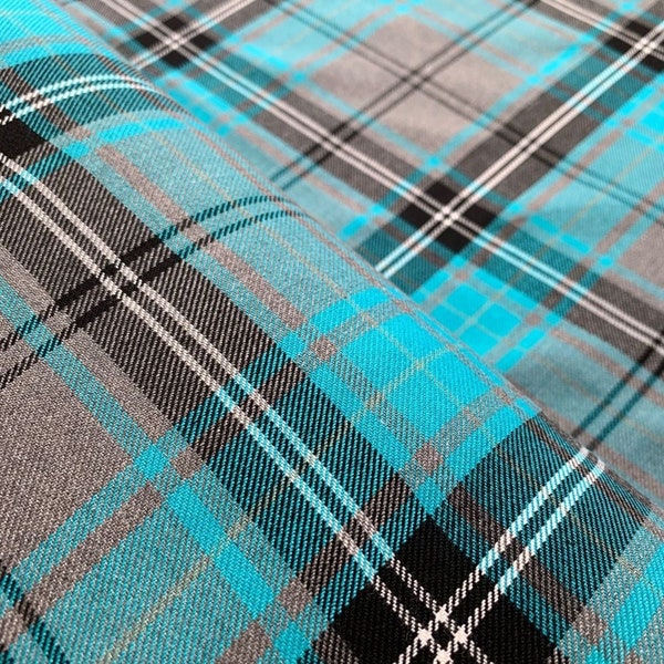 Turquoise Check Tartan Fabric Poly Viscose Tartan Check Fabric Material Wool-Touch Anti-Wrinkle Drape Absorbent Grey and Blue Plaid Fabric