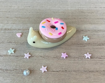 Custom made polymer clay pink donut snail/ figurine/ ceramics/ pottery/ art