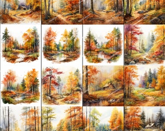 244 High Resolution Images -  Watercolor Whispers of Autumn: Rustic Forest Digital Package