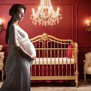 May include: A pregnant woman in a white dress stands in a room with a gold crib, a gold chair, and a gold side table with two teddy bears on top. The room has red walls and a gold chandelier.
