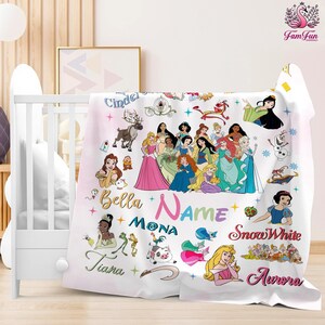 A colorful and detailed blanket featuring various Disney princess characters, including Belle, Snow White, and other well-known characters, along with their names.
