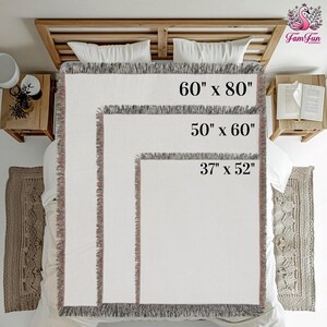 a bed with a large white blanket, and there are three different size blankets laid out on it. The largest blanket is 60 inches wide and 80 inches long, the medium-sized blanket is 50 inches wide and 60 inches long, and the smallest blanket is 37 inches wide and 52 inches long.