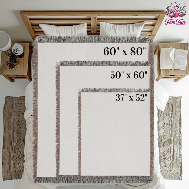 a bed with a large white blanket, and there are three different size blankets laid out on it. The largest blanket is 60 inches wide and 80 inches long, the medium-sized blanket is 50 inches wide and 60 inches long, and the smallest blanket is 37 inches wide and 52 inches long.