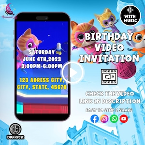 May include: A colorful birthday video invitation with a cartoon cat wearing a superhero costume. The invitation includes the date and time of the party, the address, and a link to a video. The text "WITH MUSIC" is in the top right corner of the image.