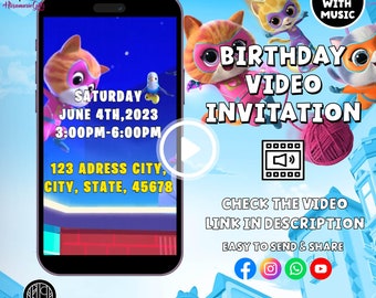 Zaproszenie na urodziny Super Kitties, zaproszenie wideo na urodziny, edytowalny szablon zaproszenia Super Kitties Canva