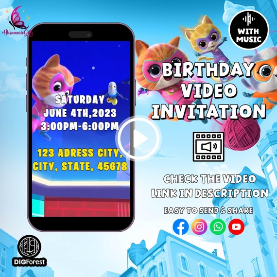 Super Kitties Birthday Invitation, Birthday Video Invitation, Super Kitties Invitation Editable Canva Template