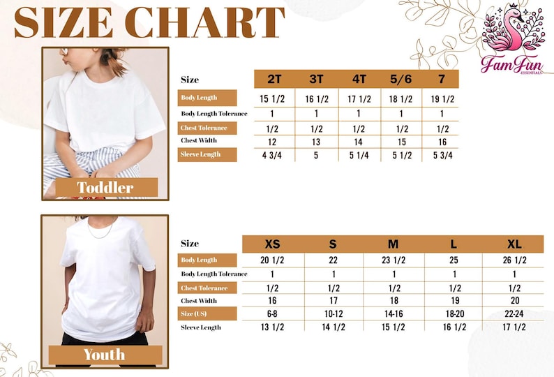 The image is a size chart for children's clothing, including a toddler and a youth size chart. The chart provides measurements for different age groups, such as 2T, 3T, 4T, and 5T, along with corresponding sleeve and chest measurements.