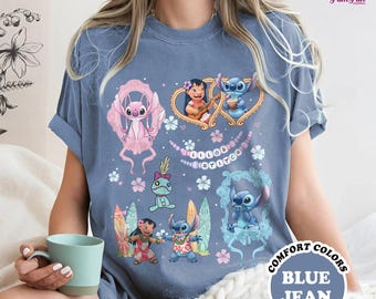 Retro Coquette Bows Lilo and Stitch Shirt, Comfort Colors Lilo and Stitch T-shirt, Stitch and Angel, Family Vacation Trip Shirt