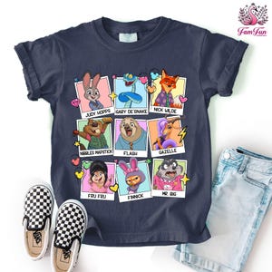 A t-shirt featuring a collage of cartoon animal characters, including a rabbit, snake, fox, and other animals, along with their names and titles.