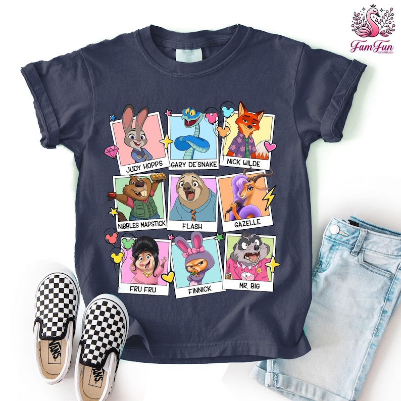A t-shirt featuring a collage of cartoon animal characters, including a rabbit, snake, fox, and other animals, along with their names and titles.