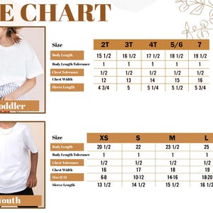 The image is a size chart for children's clothing, including a toddler and a youth size chart. The chart provides measurements for different age groups, such as 2T, 3T, 4T, and 5T, along with corresponding sleeve and chest measurements.