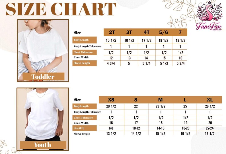 The image is a size chart for children's clothing, including a toddler and a youth size chart. The chart provides measurements for different age groups, such as 2T, 3T, 4T, and 5T, along with corresponding sleeve and chest measurements.