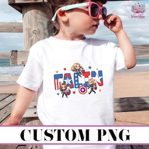Archivo PNG con nombre de niña de cumpleaños personalizado, temática del Capitán América, nombre de niño personalizado, superhéroe, digital personalizado