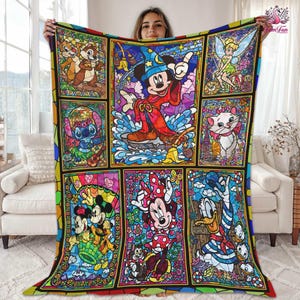 May include: A colorful Disney-themed blanket featuring various characters in a stained-glass style. Mickey Mouse as the Sorcerer's Apprentice is the central image, surrounded by Chip and Dale, Stitch, Minnie Mouse, Donald Duck, Marie, and Tinkerbell.