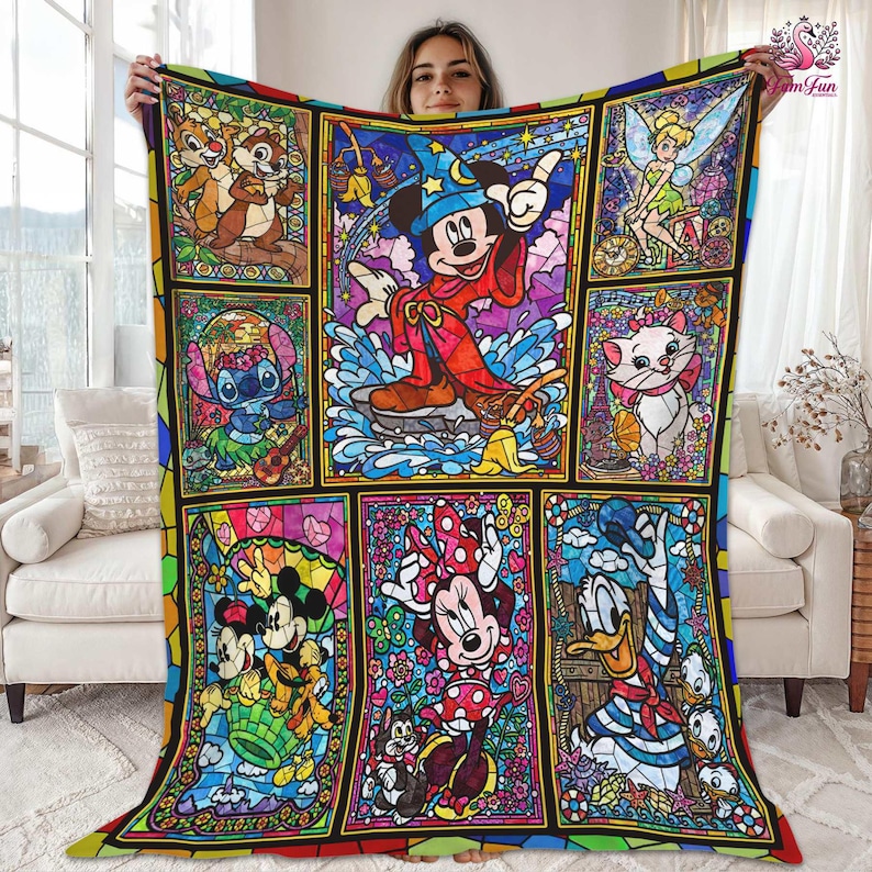 May include: A colorful Disney-themed blanket featuring various characters in a stained-glass style. Mickey Mouse as the Sorcerer's Apprentice is the central image, surrounded by Chip and Dale, Stitch, Minnie Mouse, Donald Duck, Marie, and Tinkerbell.