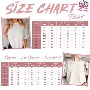 The image is a size chart for a t-shirt, including a photo of a person wearing the t-shirt and a side view of the person wearing the t-shirt.