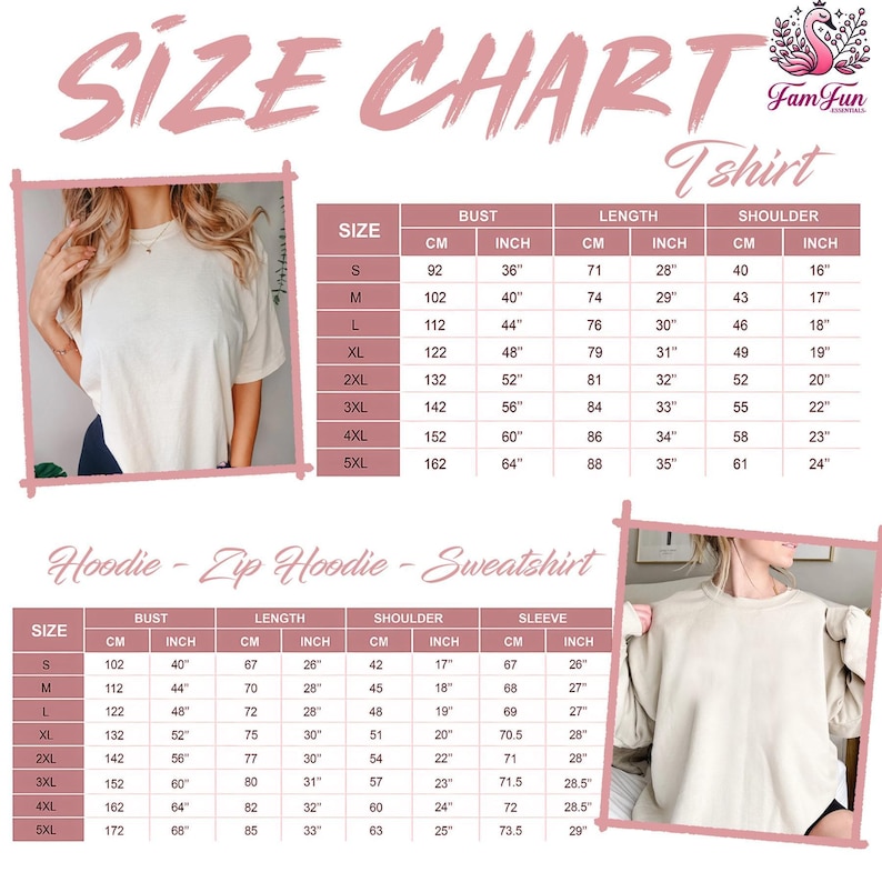 The image is a size chart for a t-shirt, including a photo of a person wearing the t-shirt and a side view of the person wearing the t-shirt.