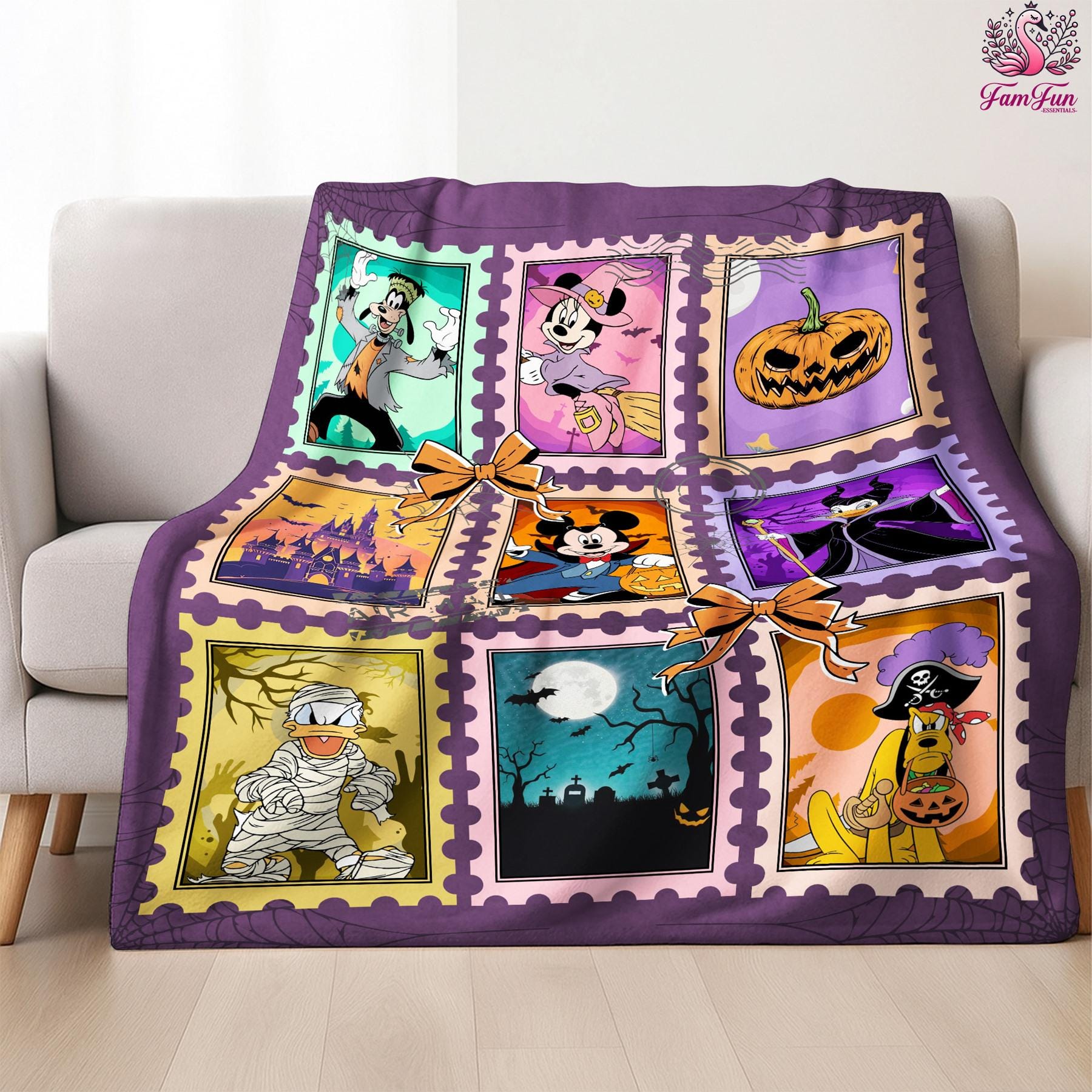 Discover Mickey and Friends Halloween Stamps Blanket, Vintage Disneyland Halloween Blanket