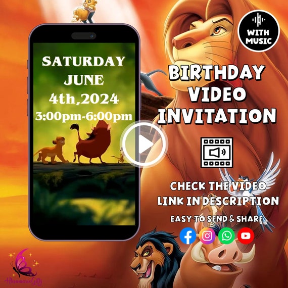 Lion King Birthday Invitation Video, Lion King Birthday Party Video, Simba Pumbaa Timone, Animal Kingdom Birthday, Animated Video Invitation