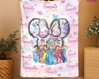 Personalized Watercolor Disneyland Princess Blanket, Castle Coquette Bows Blanket, Rapunzel Ariel Elsa Cinderella blanket,Birthday Girl Gift