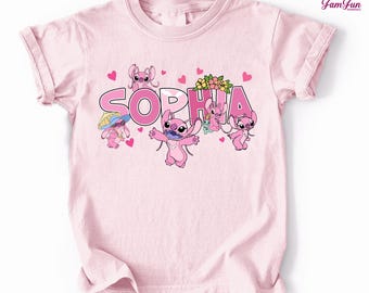 Custom Name Angel Shirts, Personalized Stitch Angel Toddler Birthday Gift Tee, Family Matching Outfits, Custom Birthday Girl Gifts