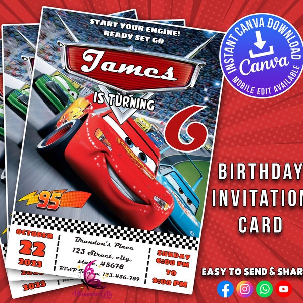 Cars Birthday Invitation Card | Cars Birthday Party | Boy Girl Birthday | Lightning Mcqueen Party Digital Invite | Editable Canva