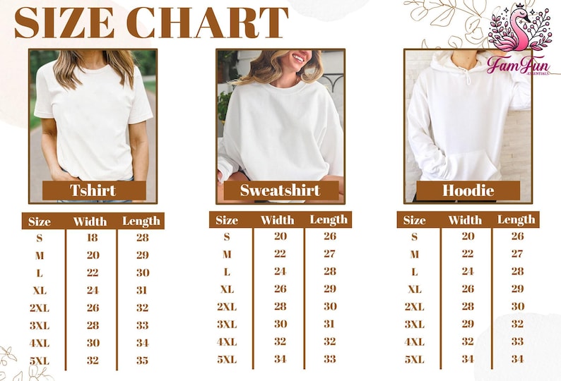 The image is a size chart that provides measurements for three different types of clothing: a T-shirt, a Sweatshirt, and a Hoodie. The chart lists the sizes in inches and provides corresponding widths for each type of clothing.