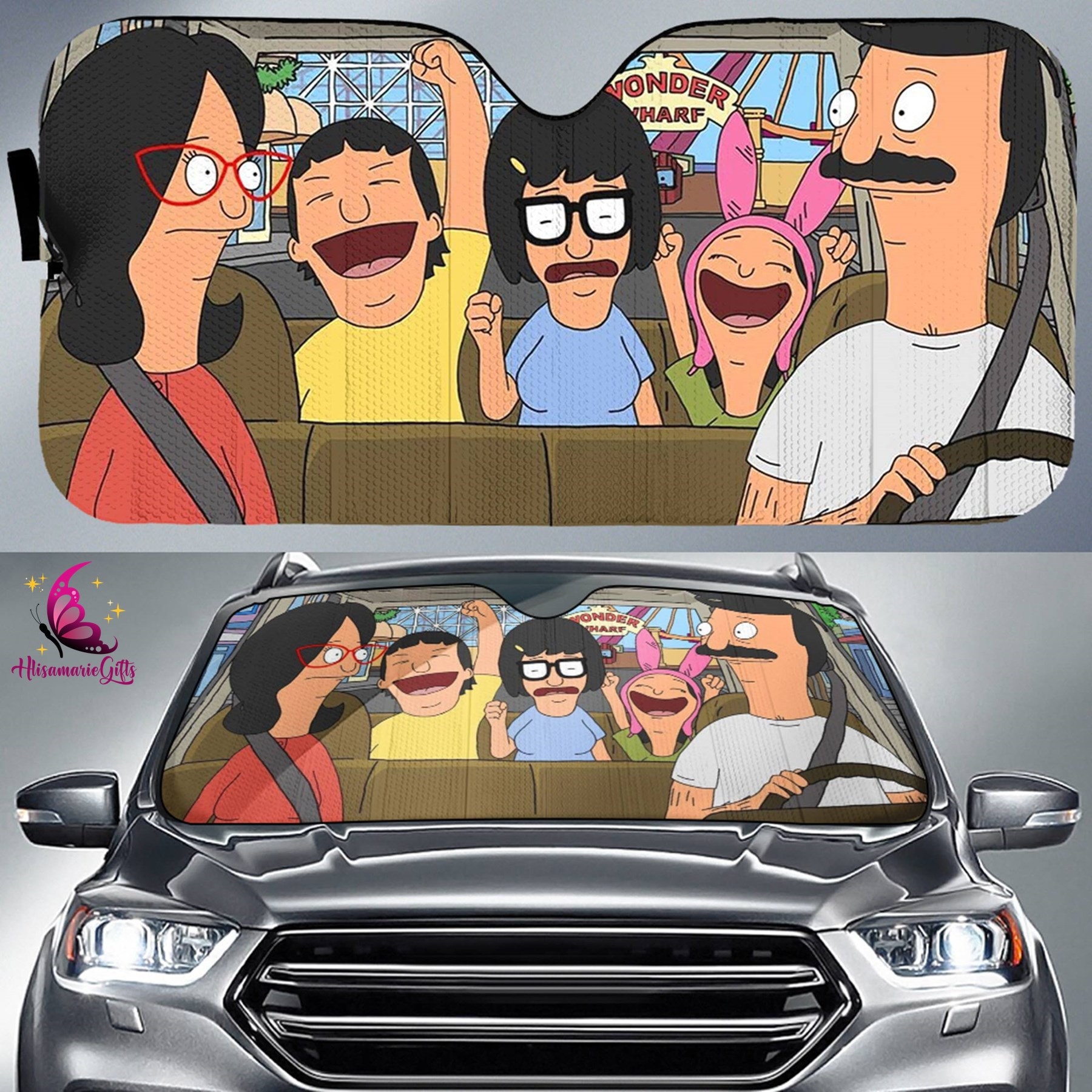 Bob Belcher Linda Belcher Bob’s Burgers Theme Park Land Car Sun Shade, Bob's Burgers Cartoon Cars Sunshade, Cars Decor, Cars Windshield