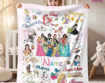 Personalized Disneyworld Princess Blanket, Disneyland Castle Princess Blanket, Belle Rapunzel Tiana Ariel Elsa, Birthday Girl gift