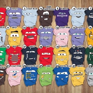 a collection of t-shirts or shirts with various cartoon character designs, including the characters from the Cars movie franchise.