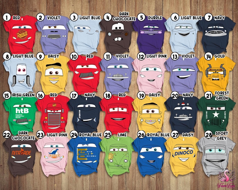 a collection of t-shirts or shirts with various cartoon character designs, including the characters from the Cars movie franchise.