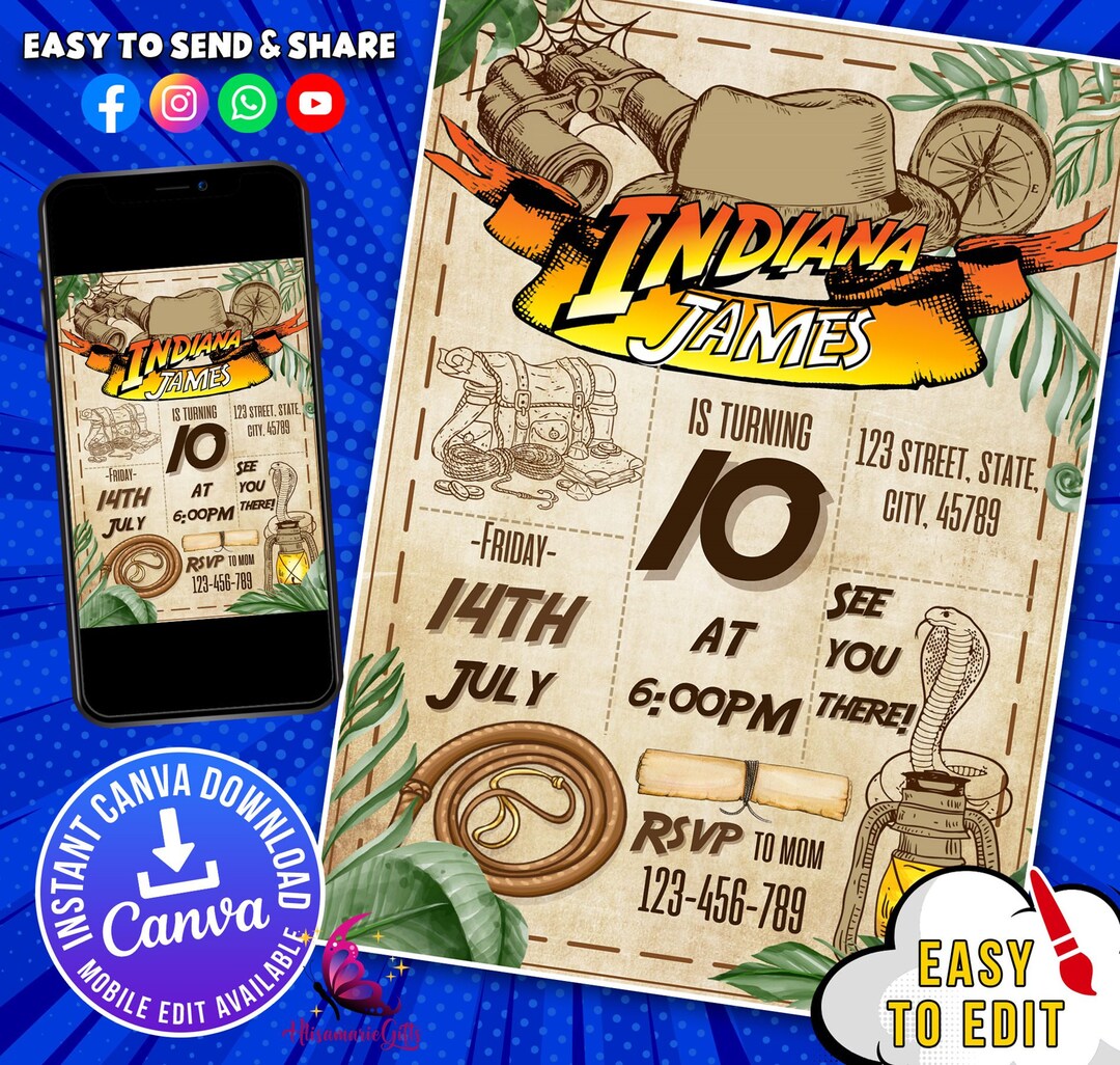 Indiana Jones Birthday Invitation Template on Canva, Indiana Jones ...