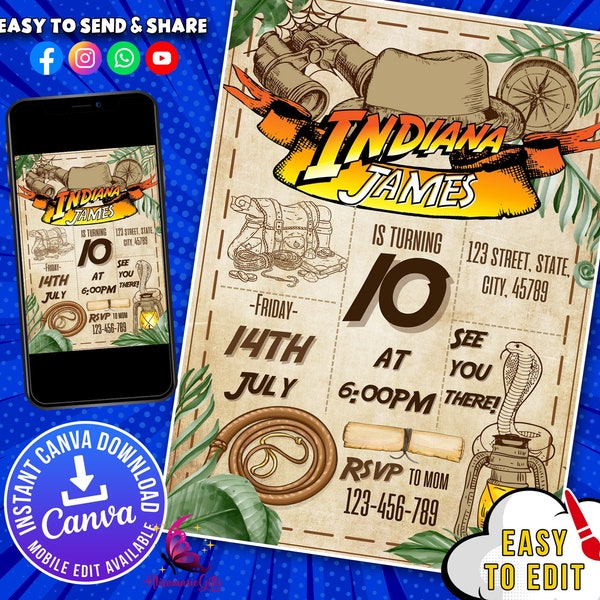 Indiana Jones Birthday Invitation Template on Canva, Indiana Jones Editable Template, Indiana Jones Birthday Party, Adventure party