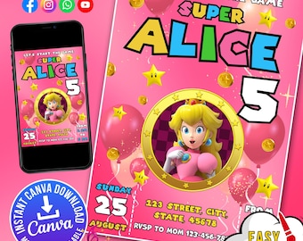 Super Mario Princess Invitation | Mario Digital Template | Girl Birthday Party | Princess Peach Digital Invitation | Editable Invitation